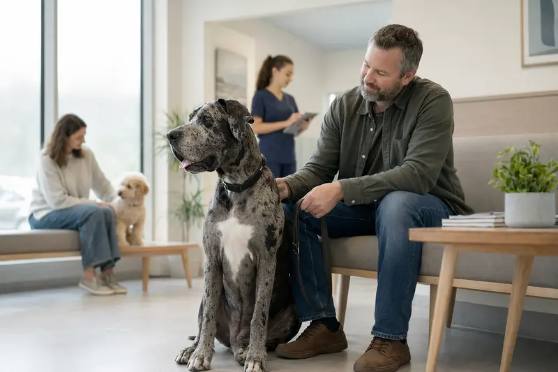 Dänische Dogge sitzt ruhig neben ihrem Besitzer im hellen Wartezimmer einer modernen Tierarztpraxis.